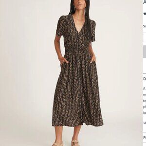 Marine Layer Annika Floral Black Tan Shirred Waist Short Sleeve Midi Dress S